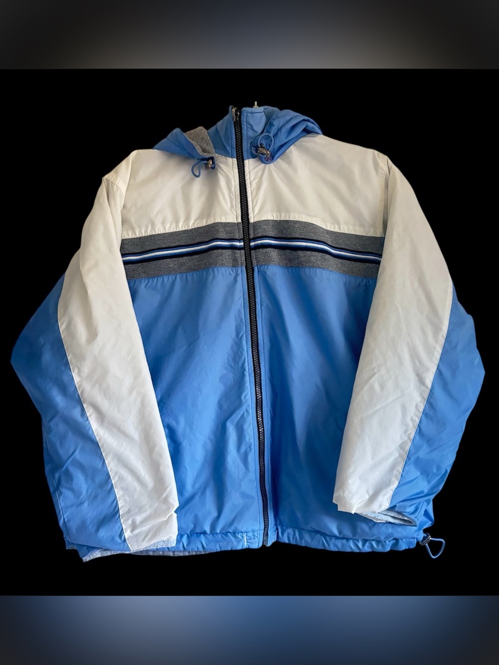 Basic Concepts Reversible Blue White Windbreaker Jacket Removable Hood Size M